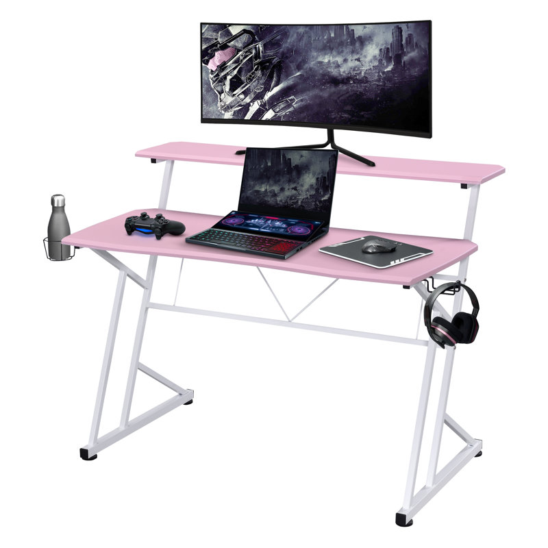 Inbox Zero Computer Gaming Desk With Shelves Pink Wayfair.ca